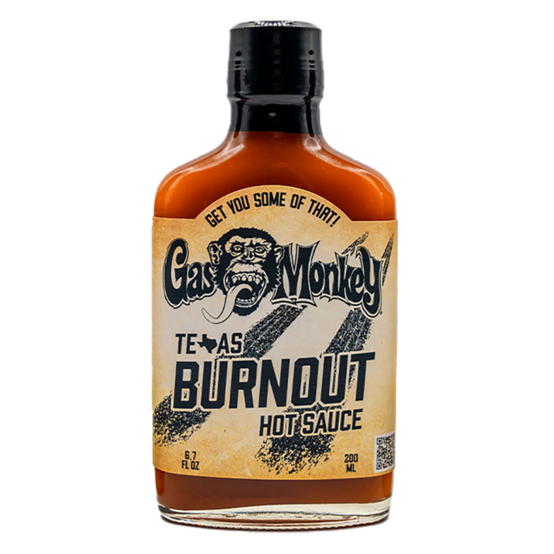 Front view of GMG Texas Burnout Hot Sauce bottle showcasing its Gas Monkey label on a white background