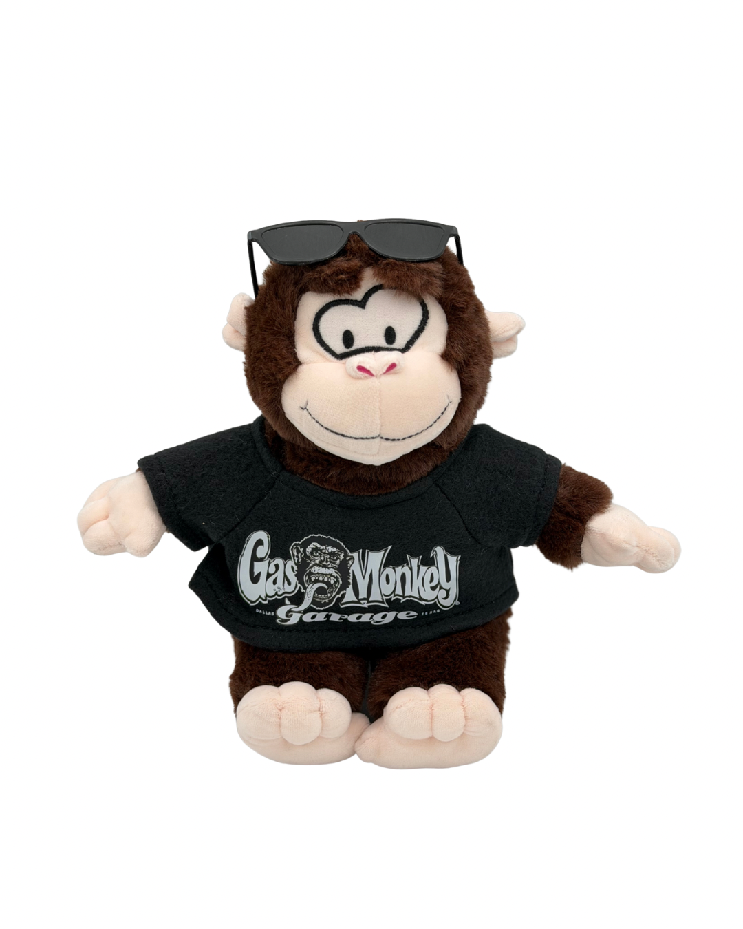 Plush monkey toy wearing a black t-shirt with 'Gas Monkey Garage' logo on a white background