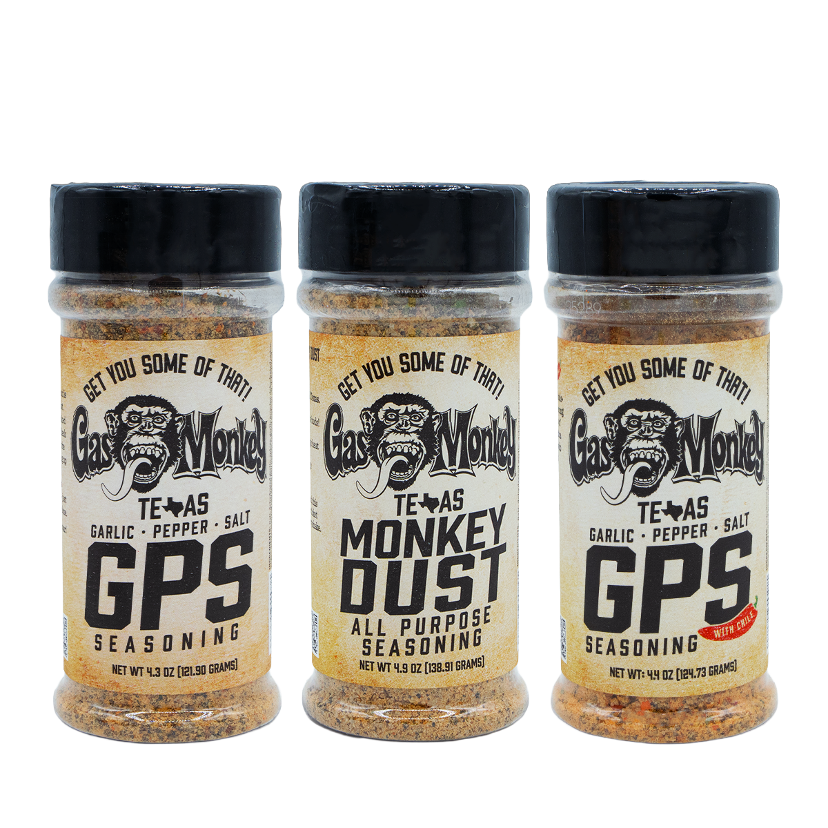 Front view of three Gas Monkey seasoning jars showing GPS and Monkey Dust labels on a black background
