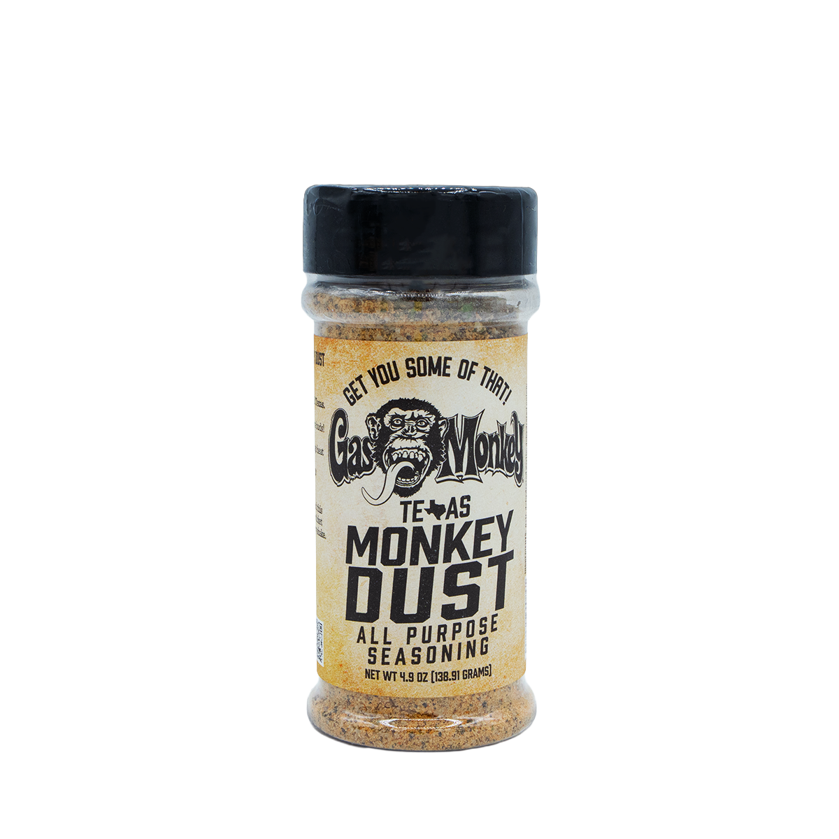 Front view of GMG Monkey Dust Seasoning 4.9oz bottle with Texas Monkey Dust all-purpose seasoning label on black background