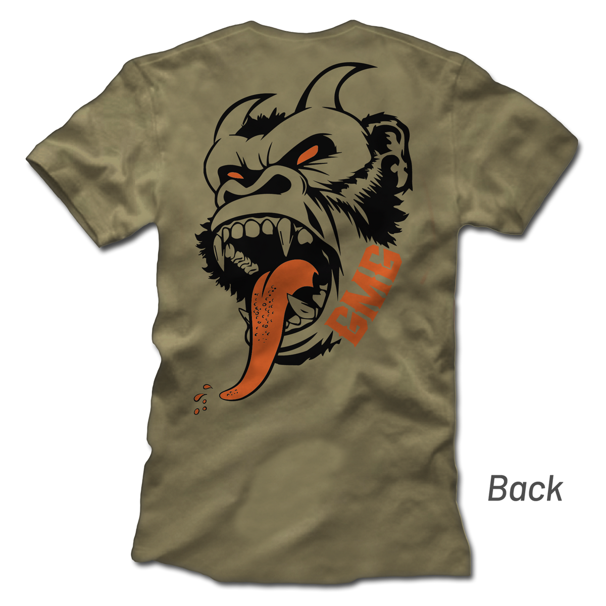 Back view of olive green T-shirt showcasing a snarling monster graphic with an orange tongue