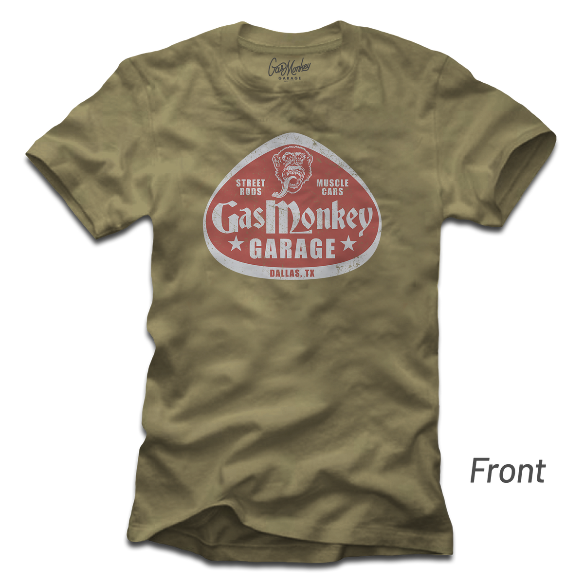 Front view of an olive green Gas Monkey Garage T shirt showcasing a red and white vintage logo graphic on a plain background