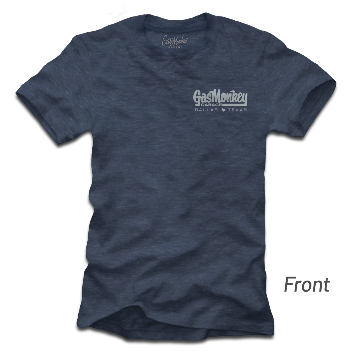 Front view of GMG Simple Logo Tee showcasing the Heather Blue color, chest logo, and crew neck on a transparent background