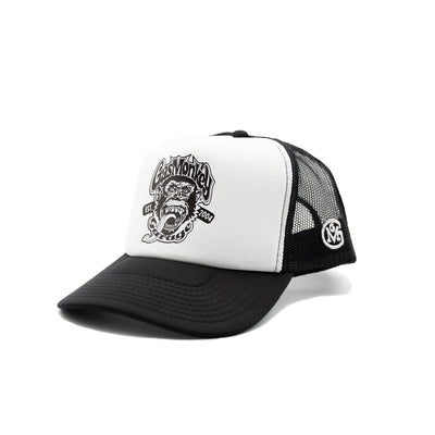 Gorra trucker blanca y negra con logo de mono